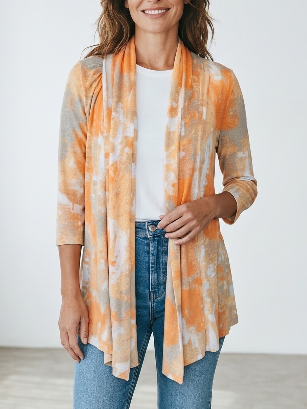 Multiples Orange & Cream Open Front Lightweight Cardigan